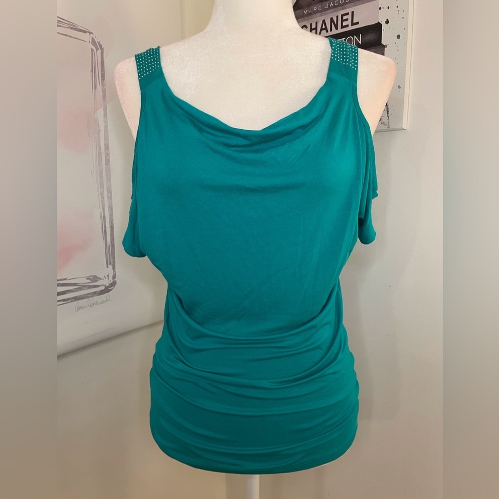 Venus Short Sleeve Cold Shoulder Top with Rhinestones Turquoise Size Small